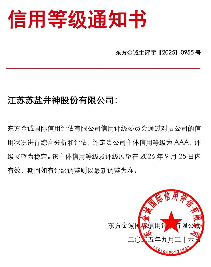 蘇鹽井神斬獲AAA主體信用評級 資本市場再添信心